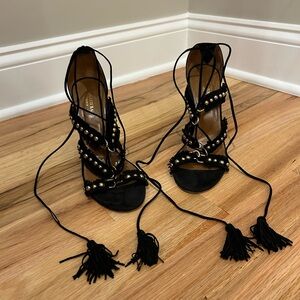 Aquazzura Black Lace-Up Sandals with Gold Details